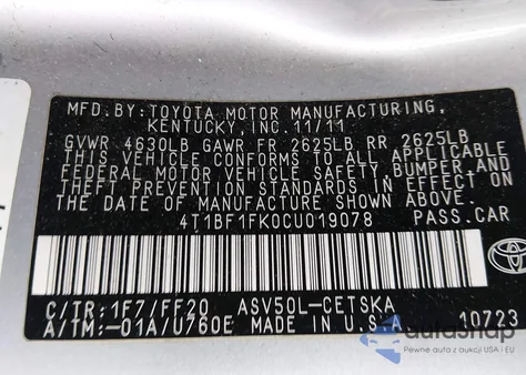 2012 Toyota Camry Se from USA, damaged, VIN 4T1BF1FK0CU019078